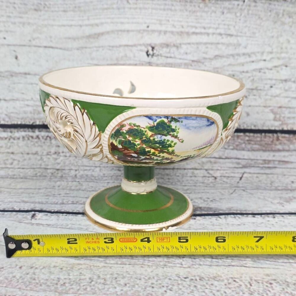 Vintage Pedestal Compote Bowl Hand Painted Scenic Gold Trim